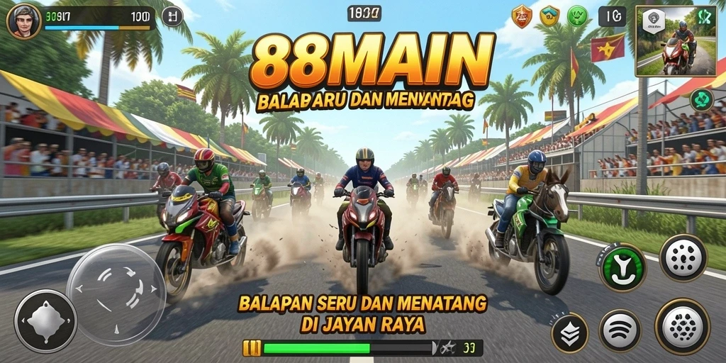 Gameplay seru 88MAIN saat balapan di trek yang menantang.