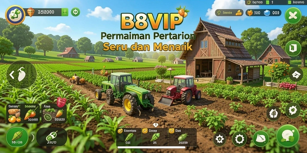 Screenshot utama B8VIP menunjukkan pemain sedang mengelola lahan pertanian yang luas.