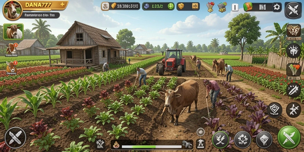Tampilan gameplay DANA777 saat bercocok tanam di ladang yang subur.