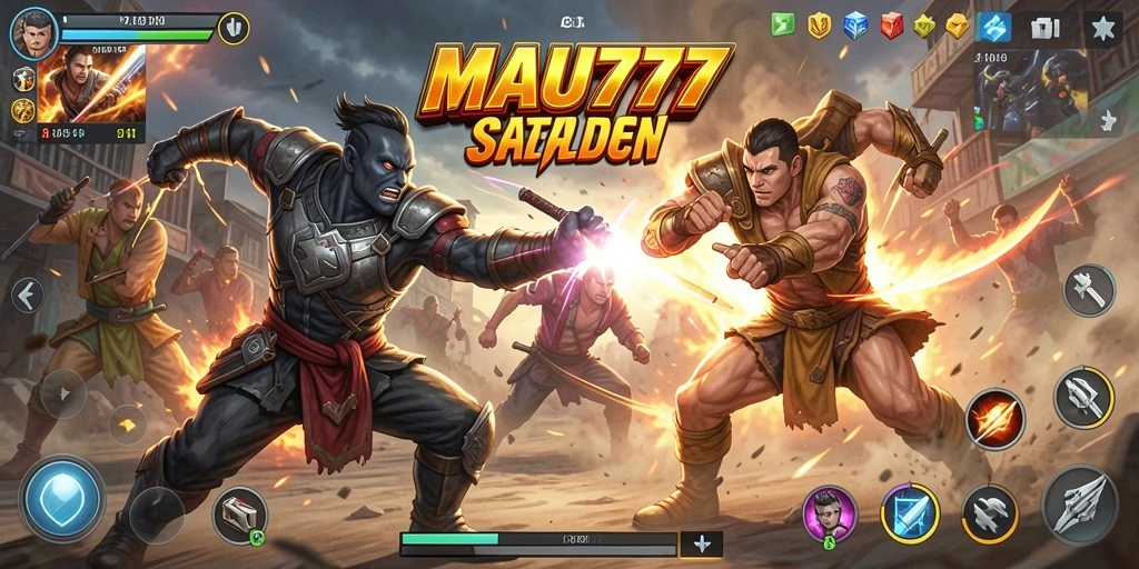 Screenshot utama MAU777 menunjukkan aksi bertarung yang intens.