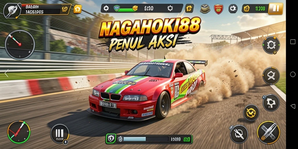 Tampilan gameplay seru dari NAGAHOKI88 dengan mobil balap yang menampilkan kecepatan tinggi.