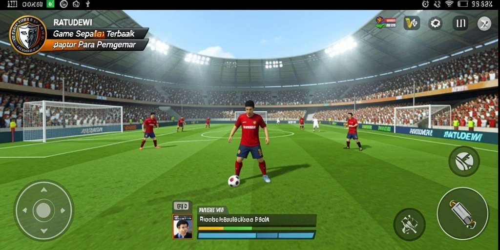 Screenshot gameplay RATUDEWI menampilkan aksi seru dalam pertandingan sepak bola.