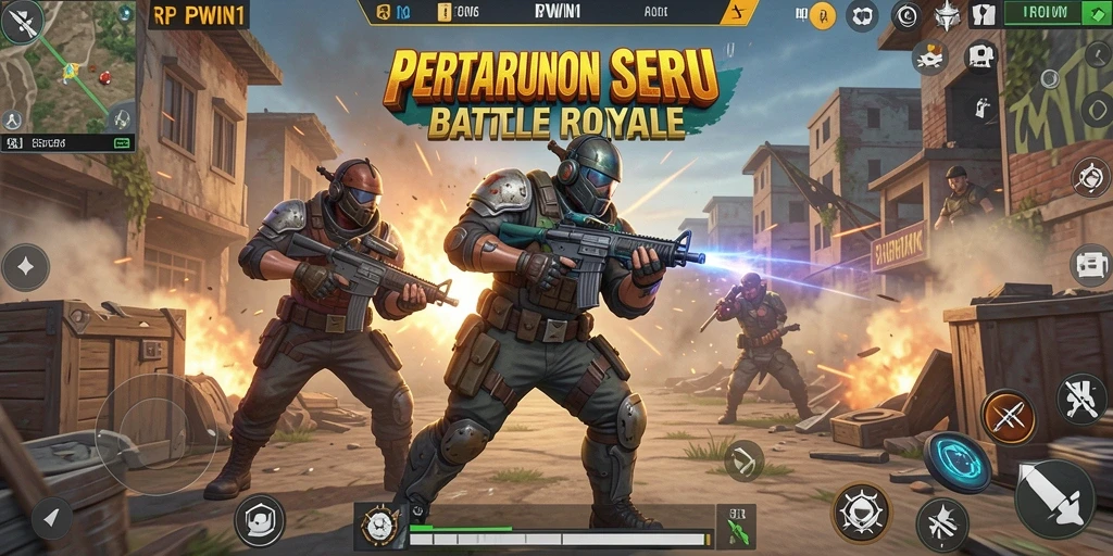 Screenshot gameplay RPWIN1 yang menunjukkan pertempuran seru dalam Battle Royale.