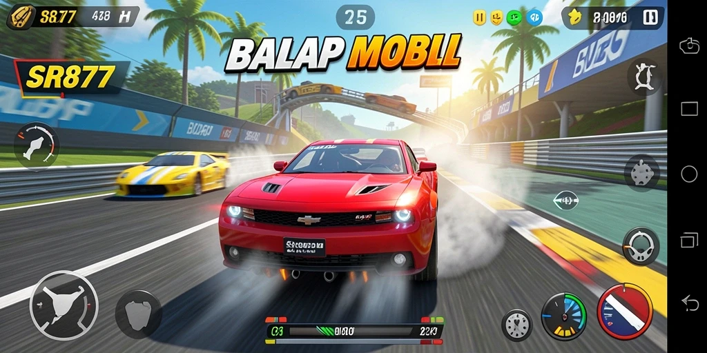 Screenshot SR877 menunjukkan aksi balap mobil yang mendebarkan.