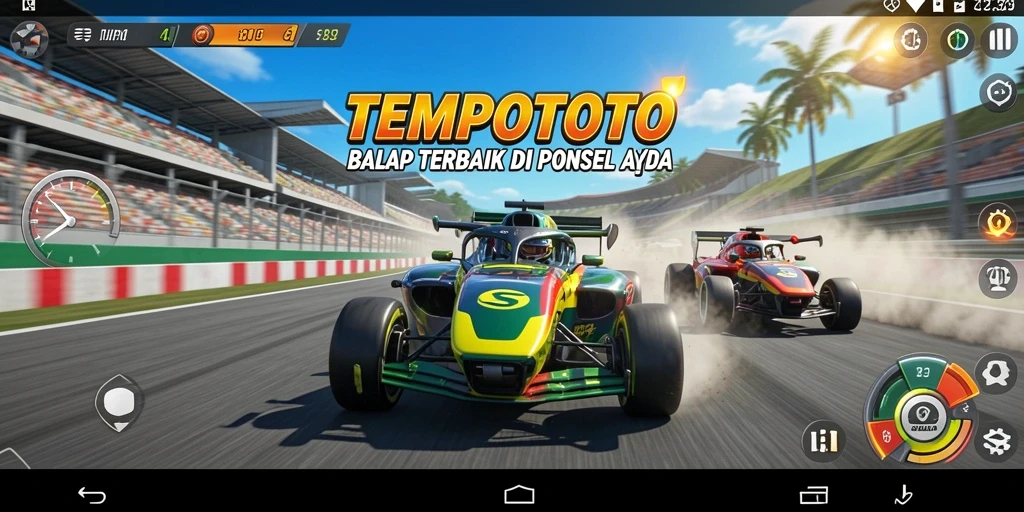 Screenshot TEMPOTOTO menampilkan aksi balapan yang mendebarkan di trek yang menantang.