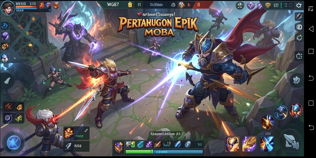 Screenshot gameplay WG87 menampilkan pertarungan MOBA yang seru dan mendebarkan.